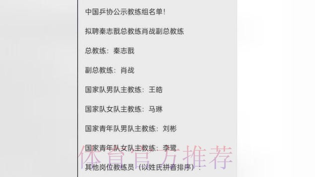中国乒协公示教练组名单